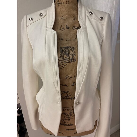 White House Black Market Ivory Blazer Silver Stud Accents 4 Padded Shoulders - Picture 6 of 16